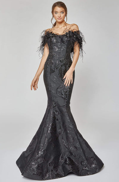 Terani Couture - 1921E0136 Feather Off Shoulder Mermaid Evening Gown Evening Dresses 00 / Black