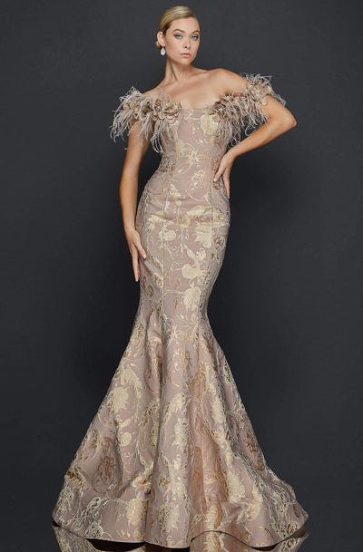 Terani Couture - 1921E0136 Feather Off Shoulder Mermaid Evening Gown Evening Dresses 00 / Champagne