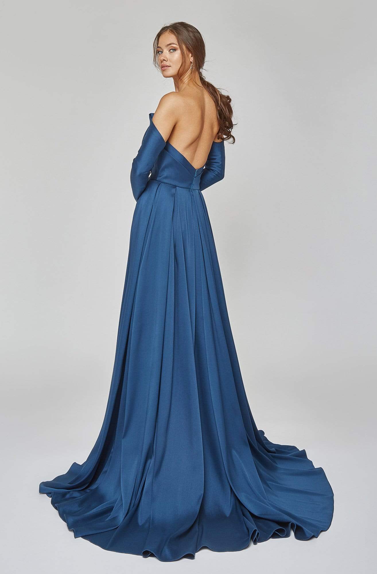 Terani Couture - 1921E0143 Pleated Asymmetric Neck Wrap Skirt Gown Evening Dresses