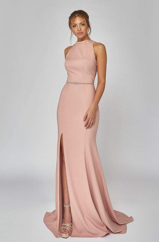 Terani Couture - 1921E0145SC Plain Halter Crepe Trumpet Full Length Gown In Pink