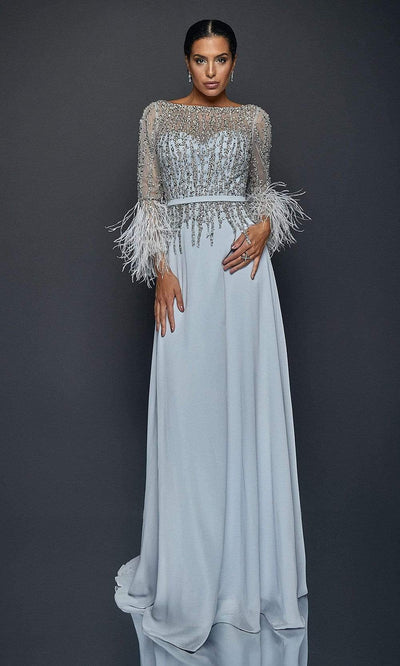Terani Couture - 1921M0473SC Feather Sleeve Beaded Soft Long Gown In Silver and Blue