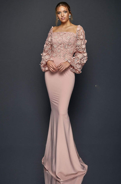 Terani Couture - 1921M0489 Lace Embroidered Sheath Evening Dress Mother of the Bride Dresses 0 / Blush