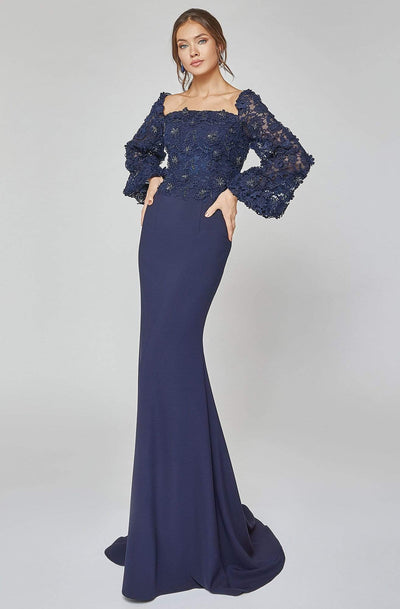 Terani Couture - 1921M0489 Lace Embroidered Sheath Evening Dress Mother of the Bride Dresses 0 / Navy