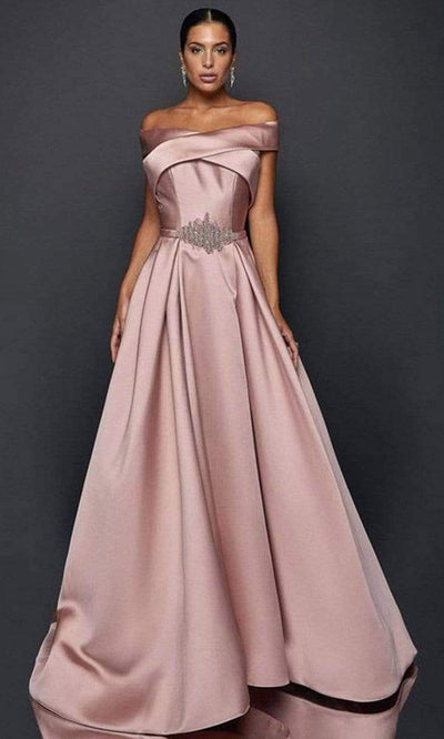 Terani Couture - 1921M0517SC Satin Cross Off Shoulder A-line Gown In Pink