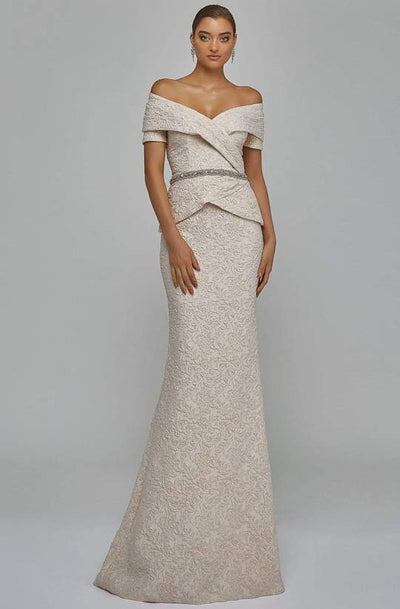 Terani Couture - 1921M0727SC Off Shoulder Jacquard Peplum Gown In Neutral