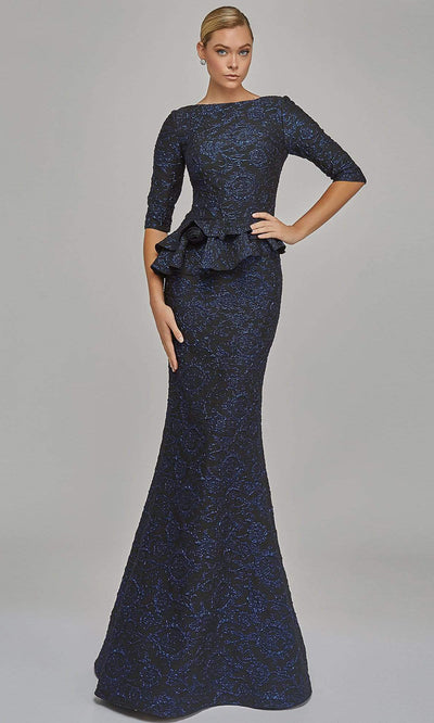 Terani Couture - 1921M0729SC Quarter Sleeve Fitted Peplum Long Dress In Blue and Black