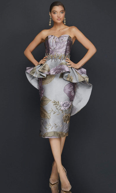 Terani Couture - 2011C2023SC Straples Metallic Peplum Midi Dress In Purple and Silver