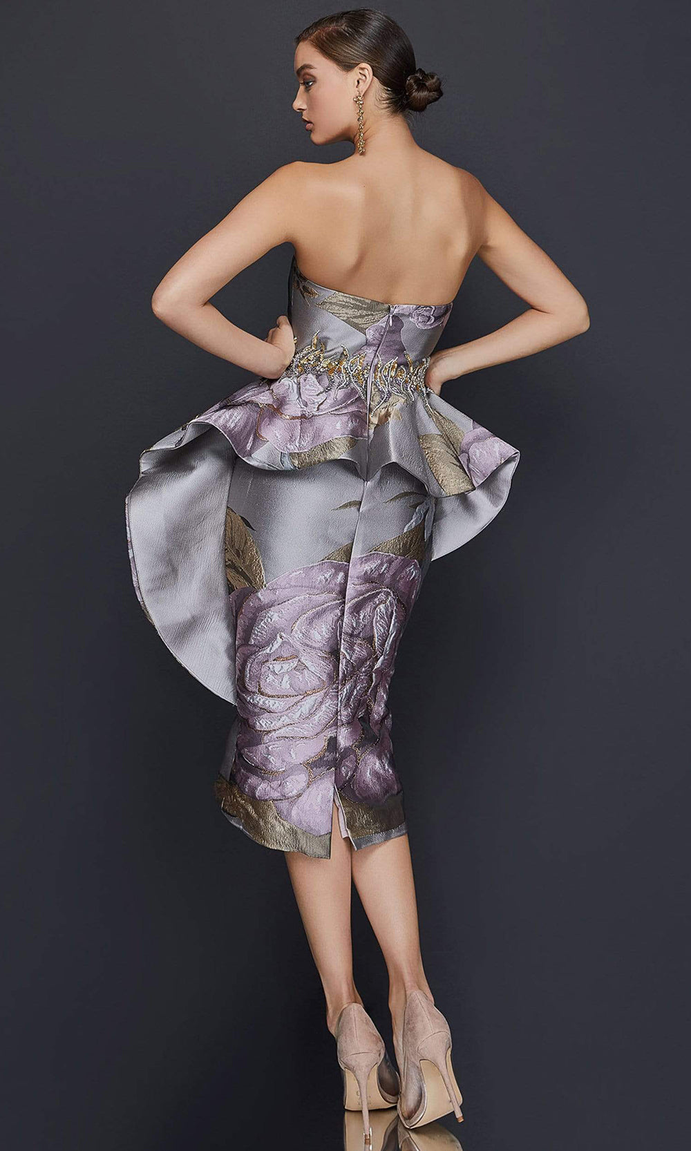 Terani Couture - 2011C2023SC Straples Metallic Peplum Midi Dress In Purple and Silver