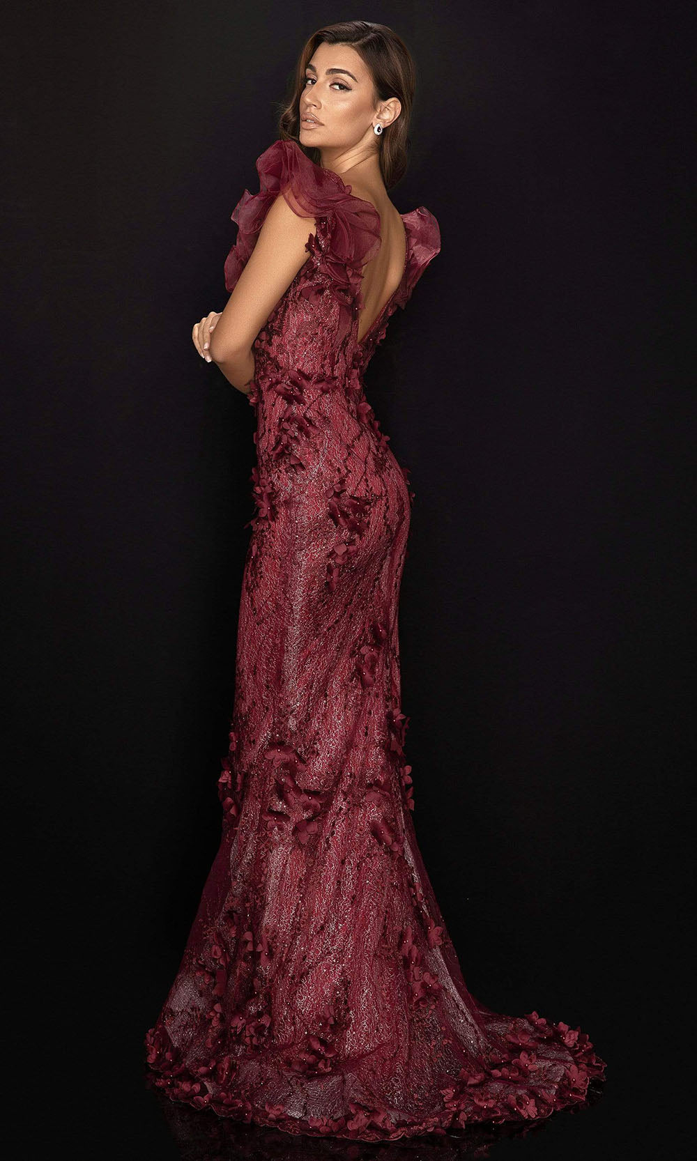 Terani Couture - 2011E2060SC Floral Appliqued Long Sheath Gown In Red and Black