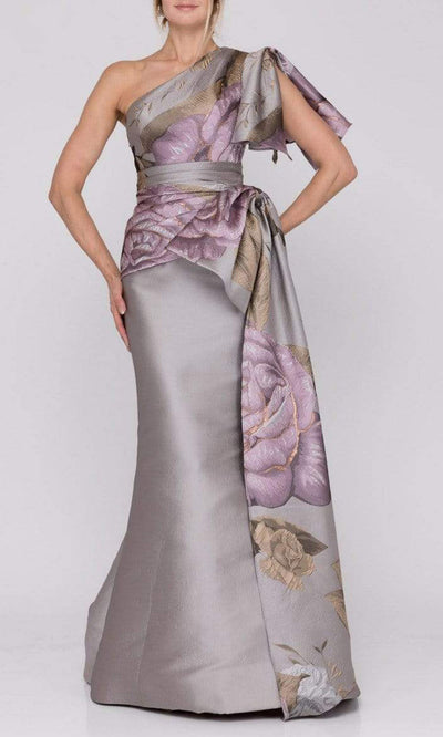 Terani Couture - 2011E2100SC Creative Floral Print One Shoulder Dress In Silver and Multi