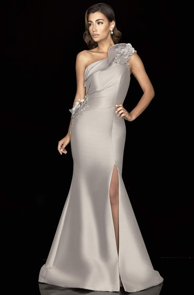 Terani Couture - 2011E2427 Beaded Applique Asymmetrical Bodice Gown Evening Dresses 0 / Taupe Ivory
