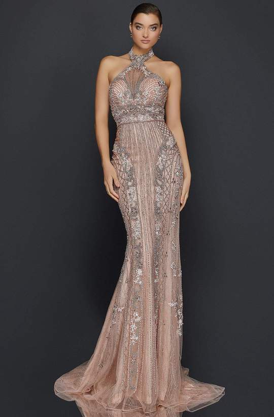 Terani Couture - 2011GL2182SC Halter Sleeveless Bejeweled Statusque Gown In Pink and Silver
