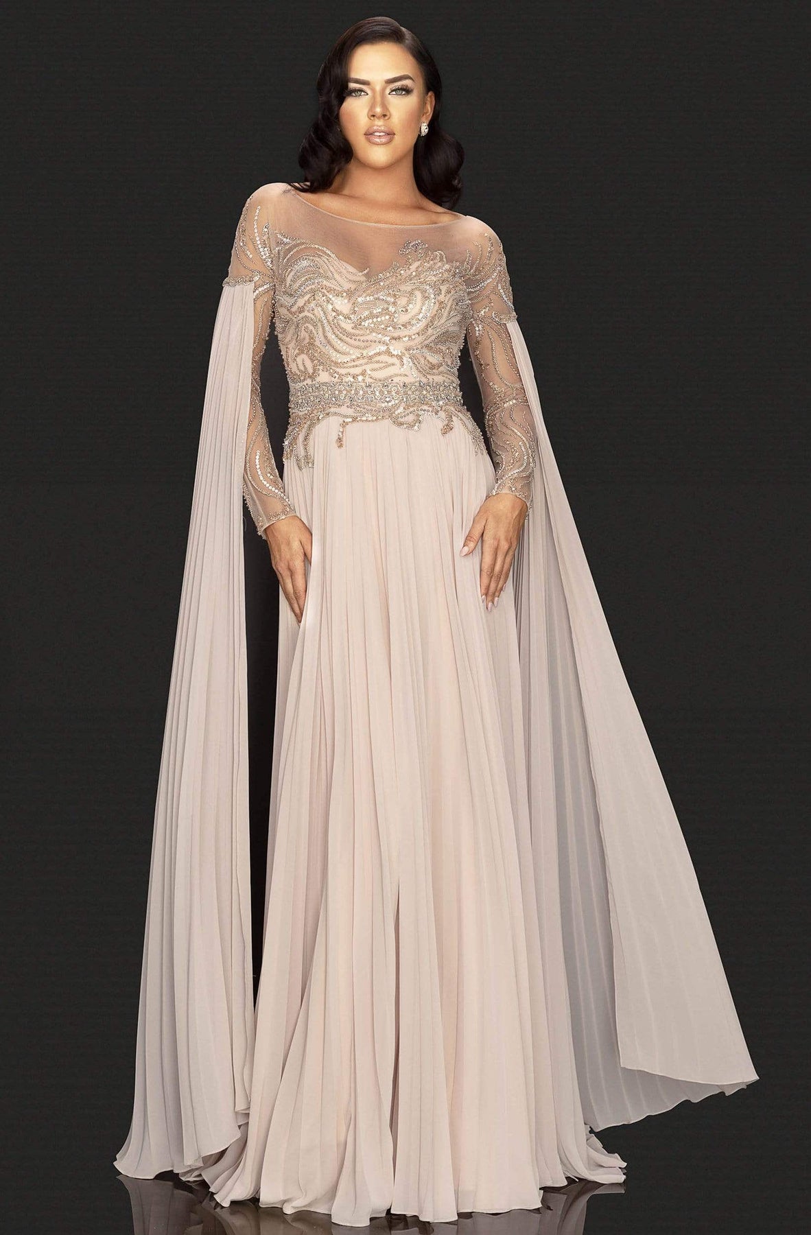 Terani Couture - Long Sleeve Pleated Formal Gown 2011M2117 In Neutral