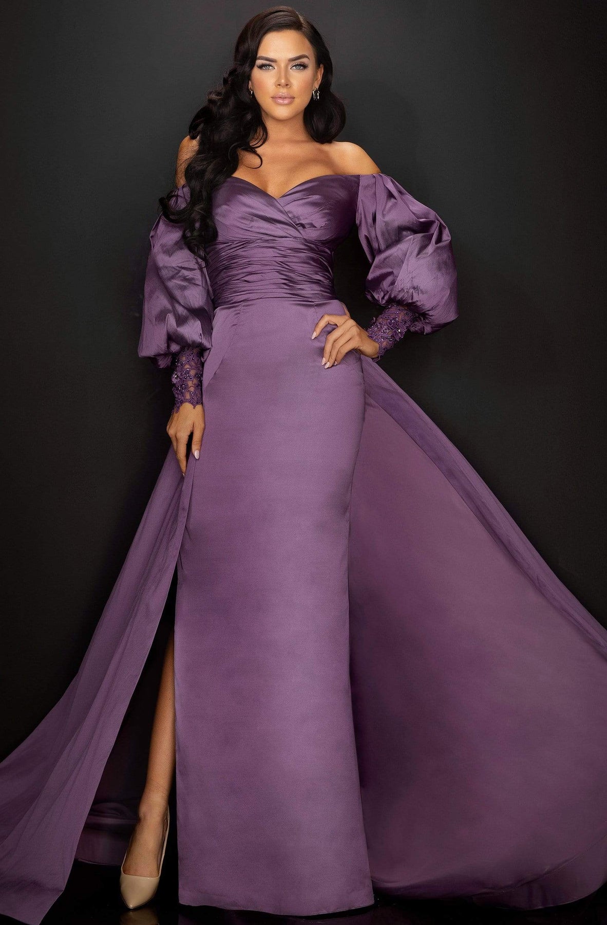 Terani Couture - 2011M2122 Bishop Sleeve Off Shoulder Overskirt Gown Mother of the Bride Dresses 0 / Wisteria
