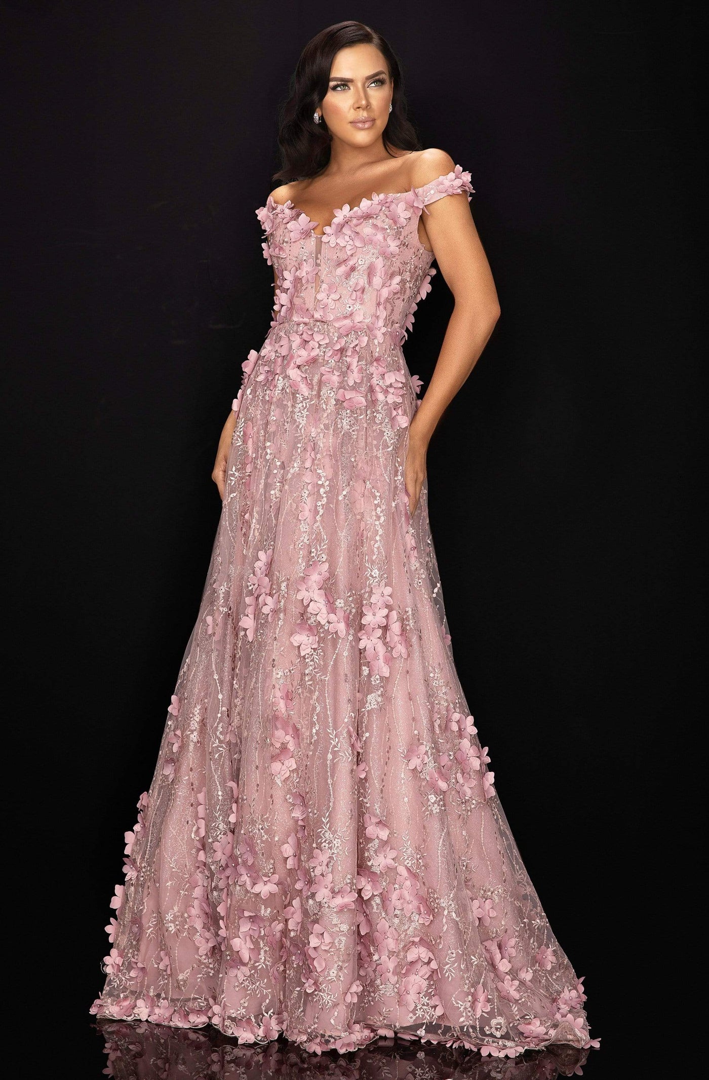 Terani Couture - 2011M2143 Floral Appliqued Off-Shoulder A-Line Dress Evening Dresses 0 / Rose