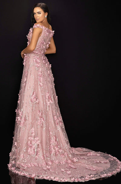 Terani Couture - 2011M2143 Floral Appliqued Off-Shoulder A-Line Dress Evening Dresses