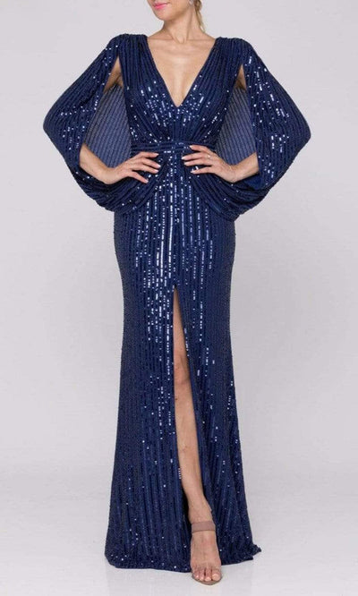 Terani Couture - 2011M2154SC Plunging Neck Sequined Column Slit Gown In Blue