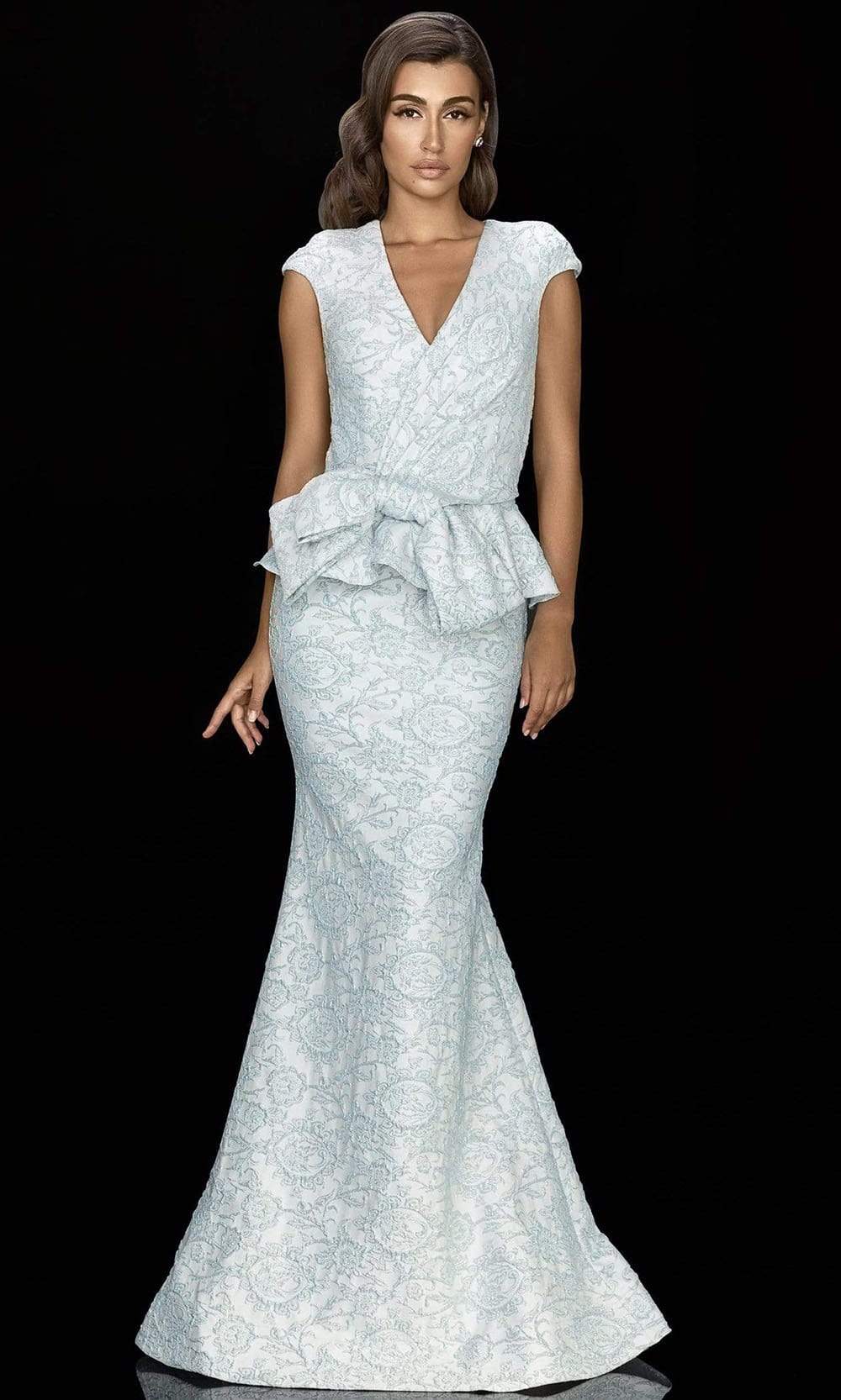 Terani Couture - 2011M2166 Cap Sleeve Bow Accented Peplum Gown Mother of the Bride Dresses 0 / Ice Blue
