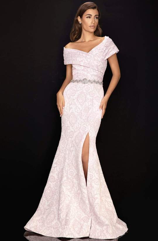 Terani Couture - 2011M2168SC Pleated Embossed Jacquard Slit Gown In Pink and White