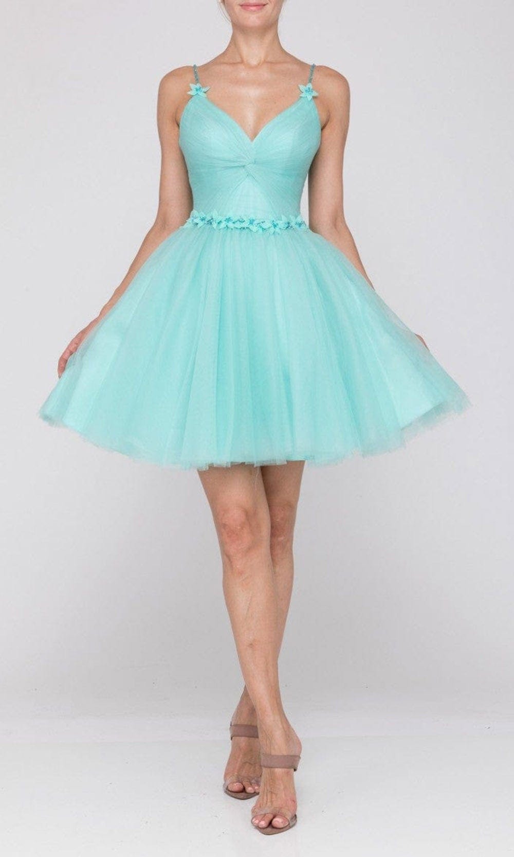 Terani Couture - 2011P1024 Floral Accented Tulle Dress Special Occasion Dress 00 / Tiffany