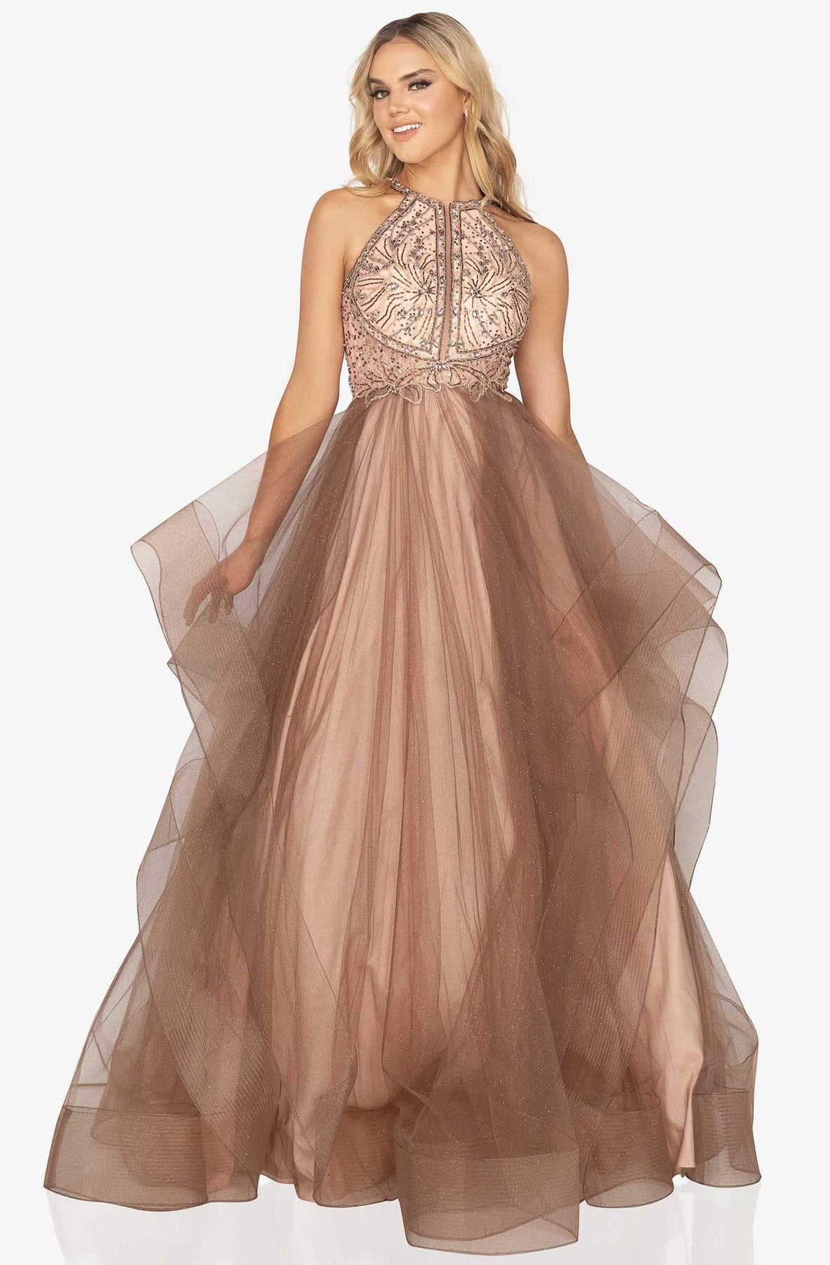 Terani Couture 2011P1217 - Long A-Line Dress - Beaded Bodice, Illusion Paneled, Sheer Ornate Midriff, Illusion racerback, Back Zipper Closure, Tiered Skirt, Full Length Hem ADASA Terani Couture 2011P1217 - Long A-Line Dress - Beaded Bodice, Illusion Paneled, Sheer Ornate Midriff, Illusion racerback, Back Zipper Closure, Tiered Skirt, Full Length Hem ADASA
