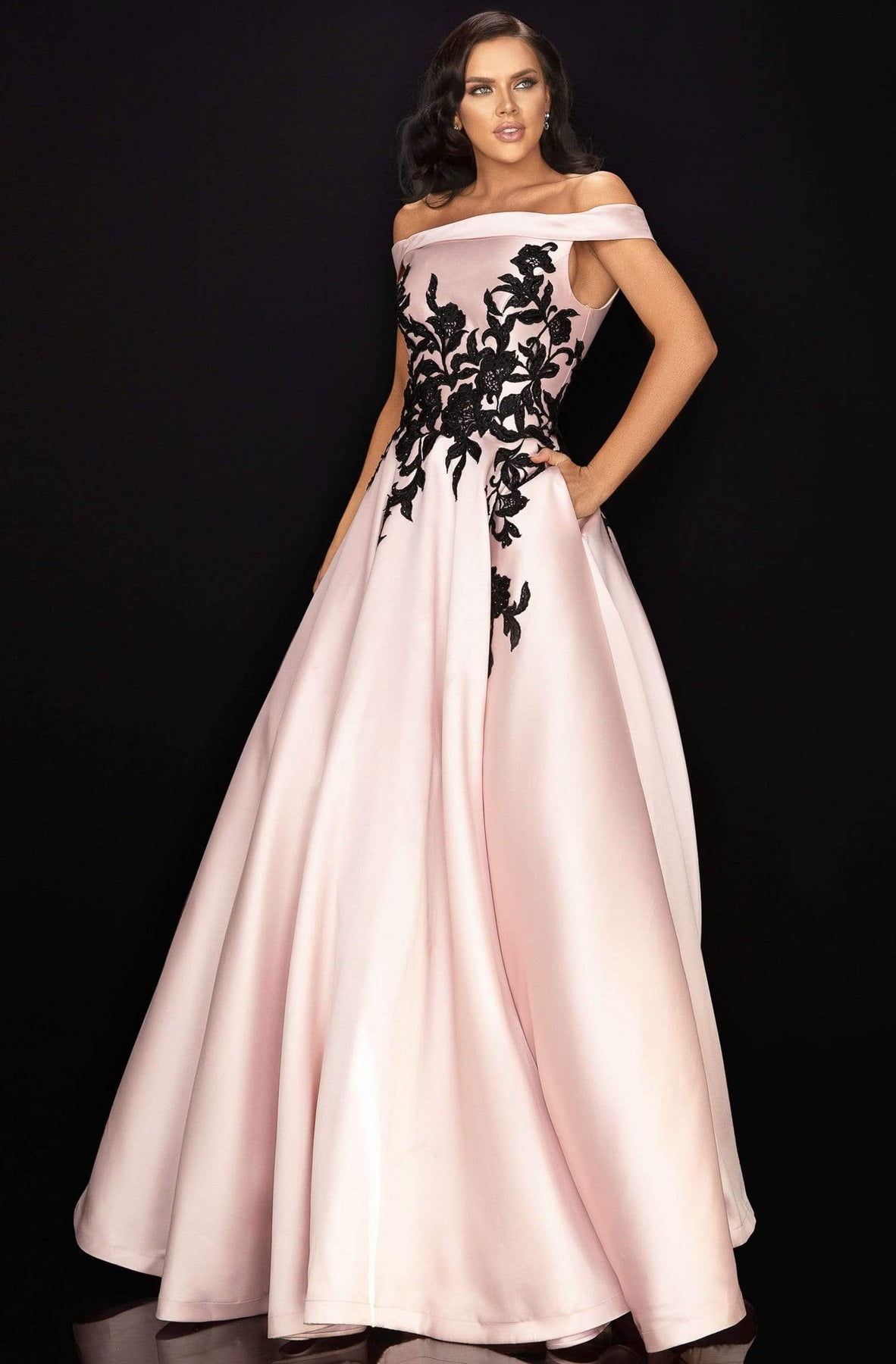 Terani Couture - 2011P1229 Trailing Floral Appliqued Off Shoulder Gown Prom Dresses 00 / Blush Black