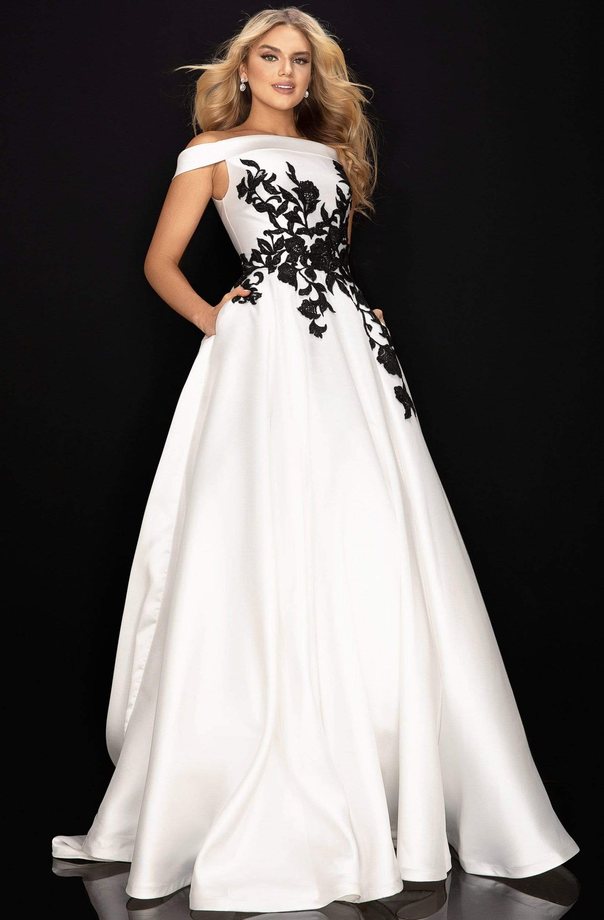 Terani Couture - 2011P1229 Trailing Floral Appliqued Off Shoulder Gown Prom Dresses 00 / Ivory Black