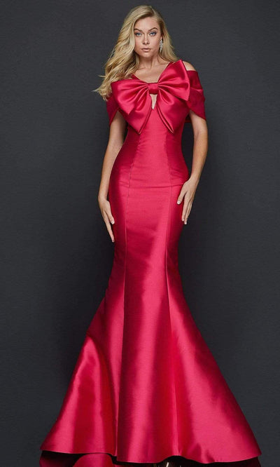 Terani Couture - 2012E2279SC Bow Accented Satin Mermaid Gown In Red