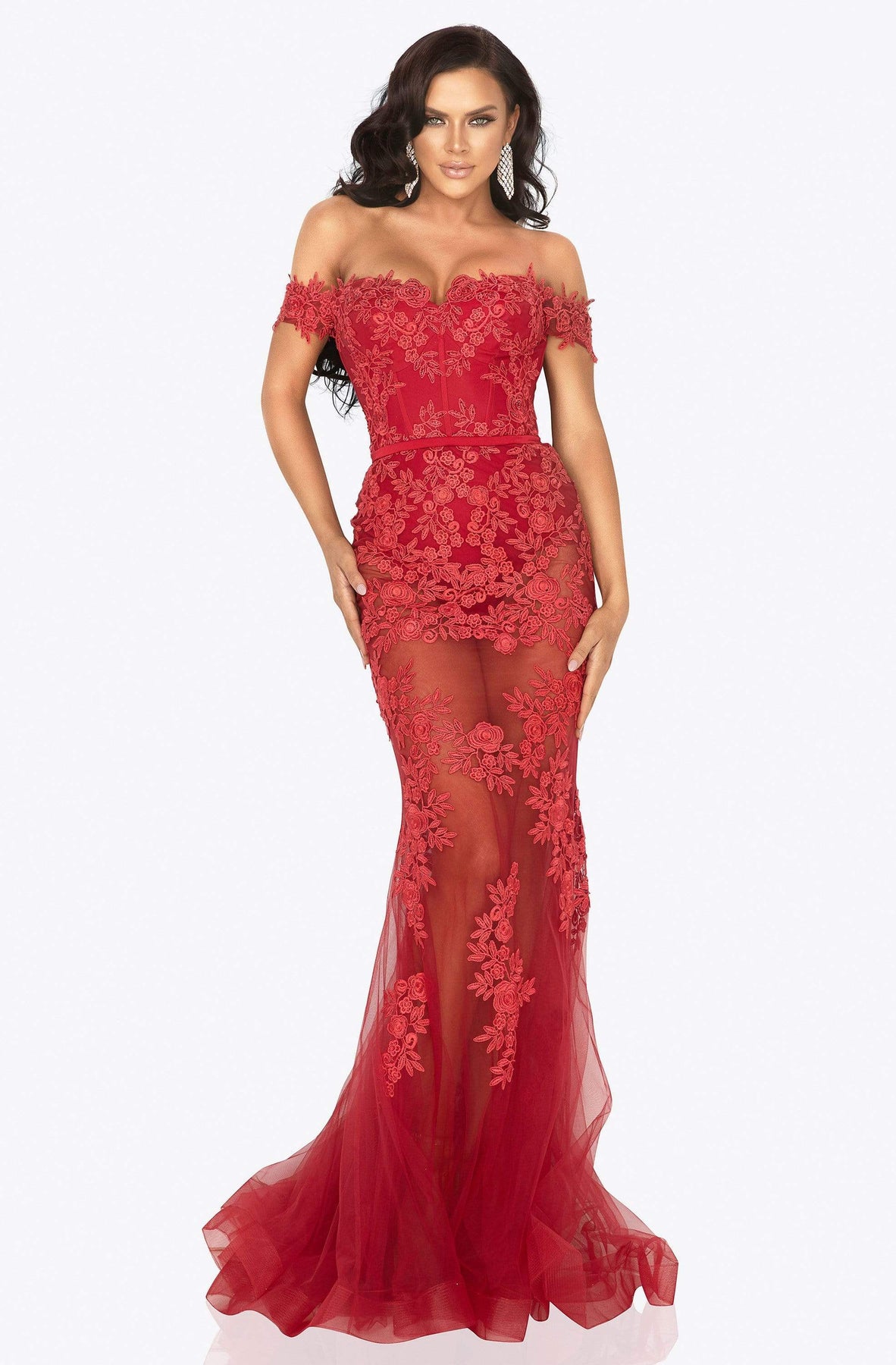 Terani Couture - 2012P1471 Floral Embroidered Off-Shoulder Dress Prom Dresses 00 / Red
