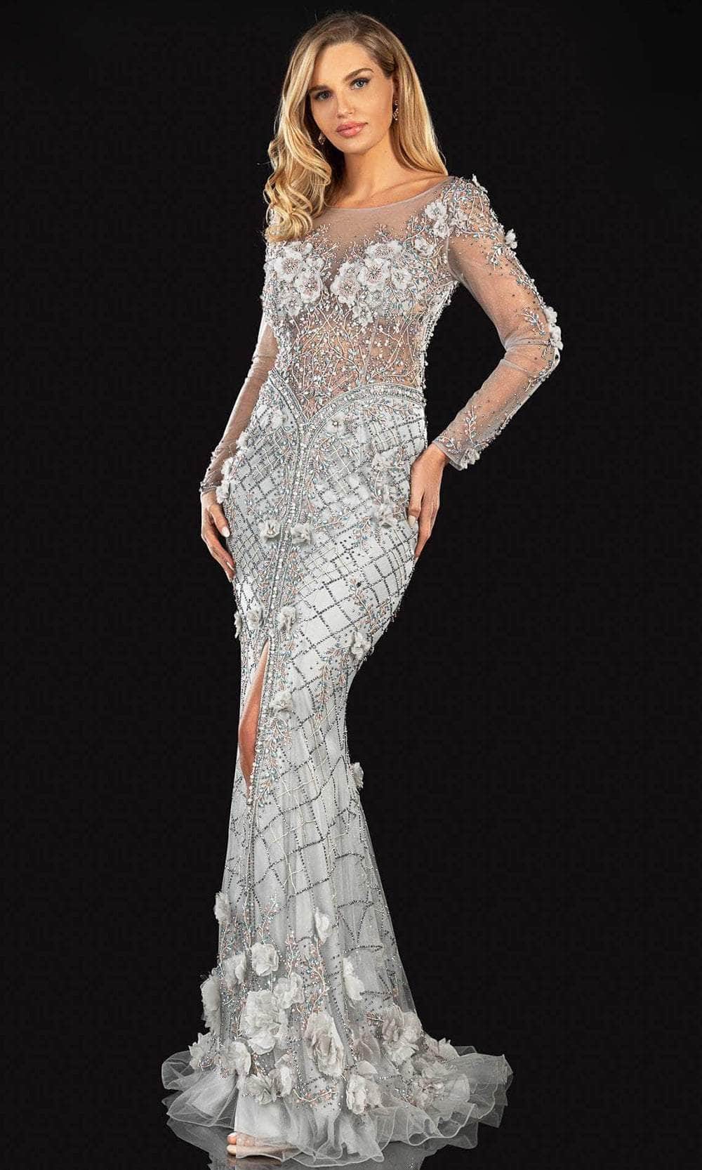 Terani Couture 2021GL3148 - Long Sleeve Illusion Evening Gown Special Occasion Dress 00 / Silver