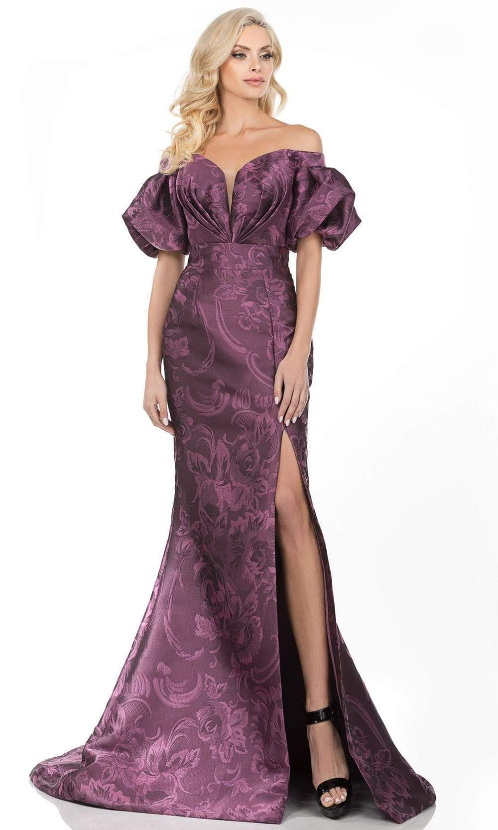 Terani Couture - 2021M2965SC OffShoulder Puff Sleeve Floral Trumpet Gown In Purple