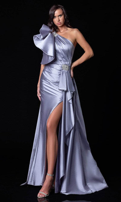 Terani Couture - 2111E4728 Asymmetric Neckline Pleated Detailed Prom Gown Evening Dresses 12 / Pewter