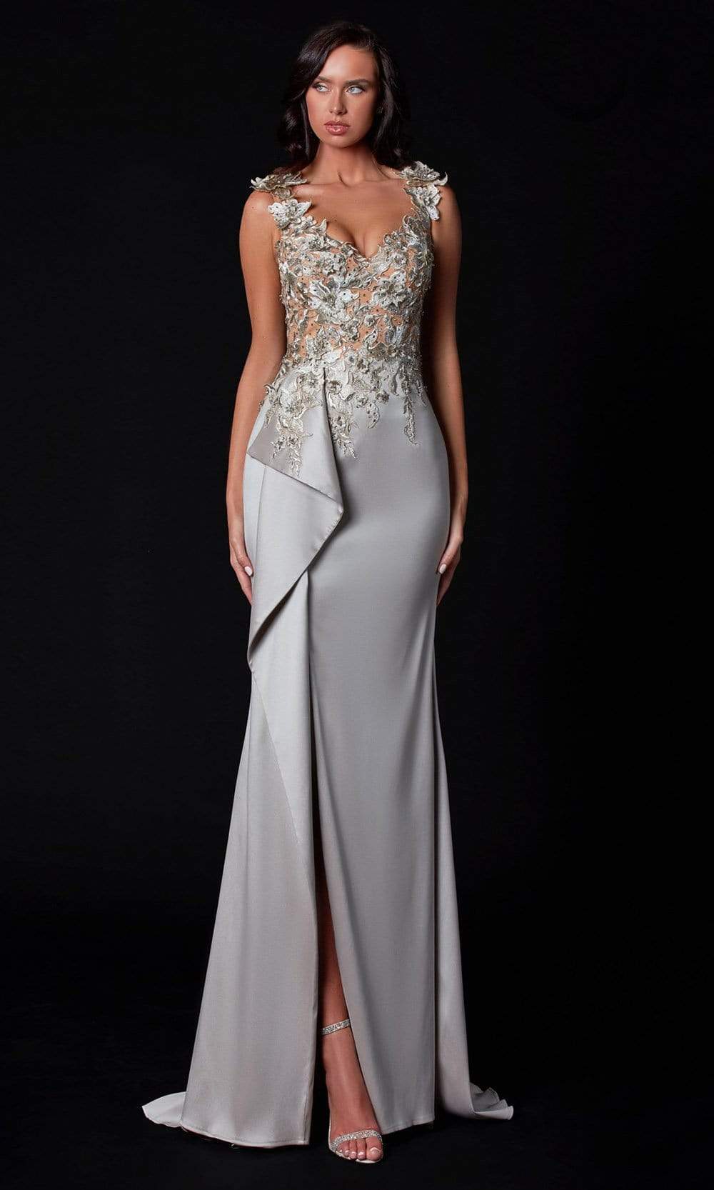Terani Couture - 2111E4751 Cap Sleeve Floral Lace High Slit Gown Evening Dresses 00 / Taupe