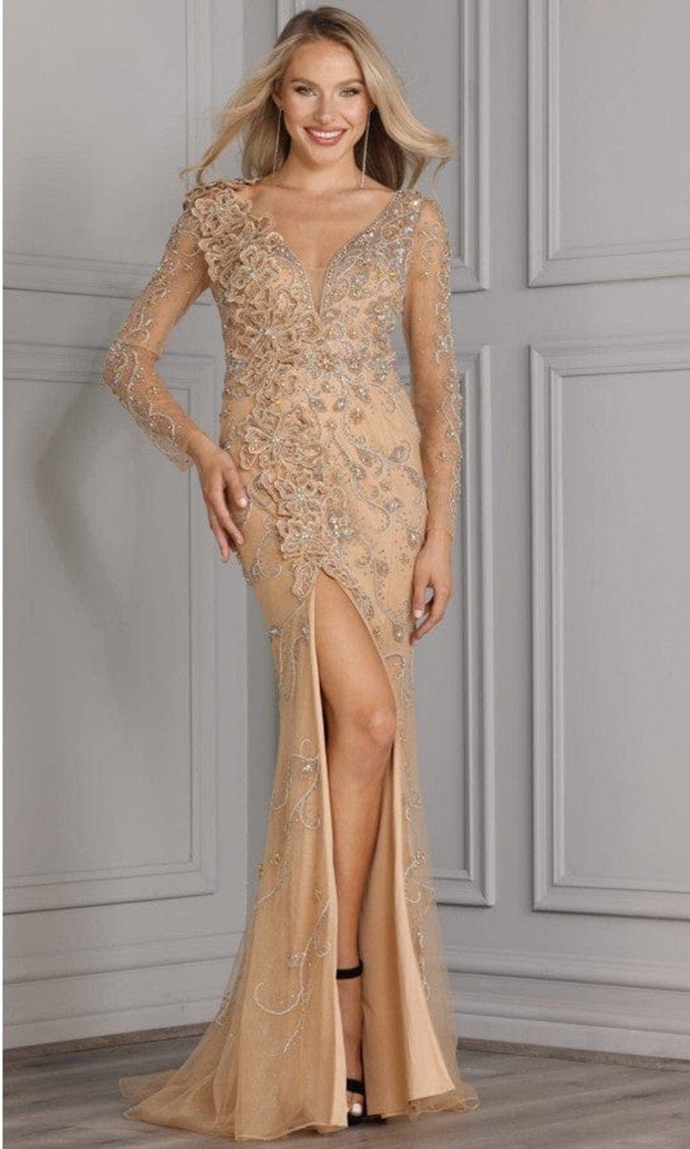 Terani Couture - 2111GL5023 Plunging V-Neck Appliqued Gown Special Occasion Dress 00 / Nude