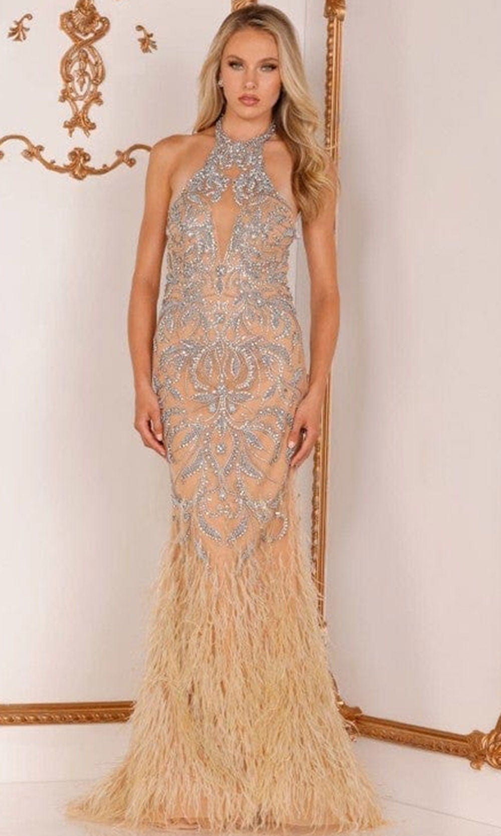 Terani Couture - 2111GL5026 Beaded Halter Feathered Gown Special Occasion Dress 00 / Crystal Nude