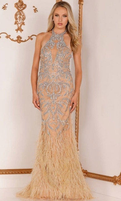 Terani Couture - 2111GL5026 Beaded Halter Feathered Gown Special Occasion Dress 00 / Crystal Nude