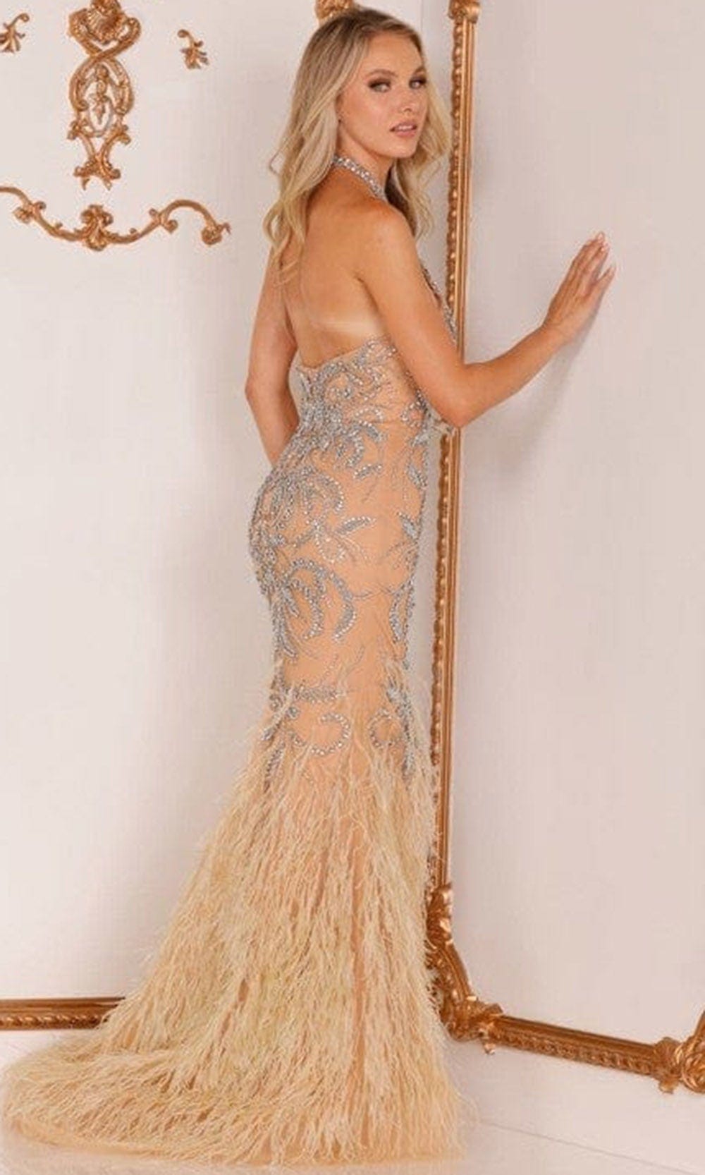 Terani Couture - 2111GL5026 Beaded Halter Feathered Gown Special Occasion Dress