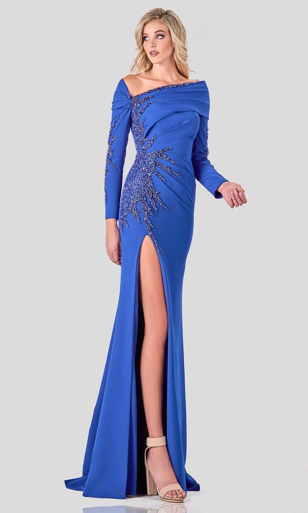 Terani Couture - 2111M5263 Beaded Long Sleeve Long Dress With Slit Evening Dresses 00 / Royal
