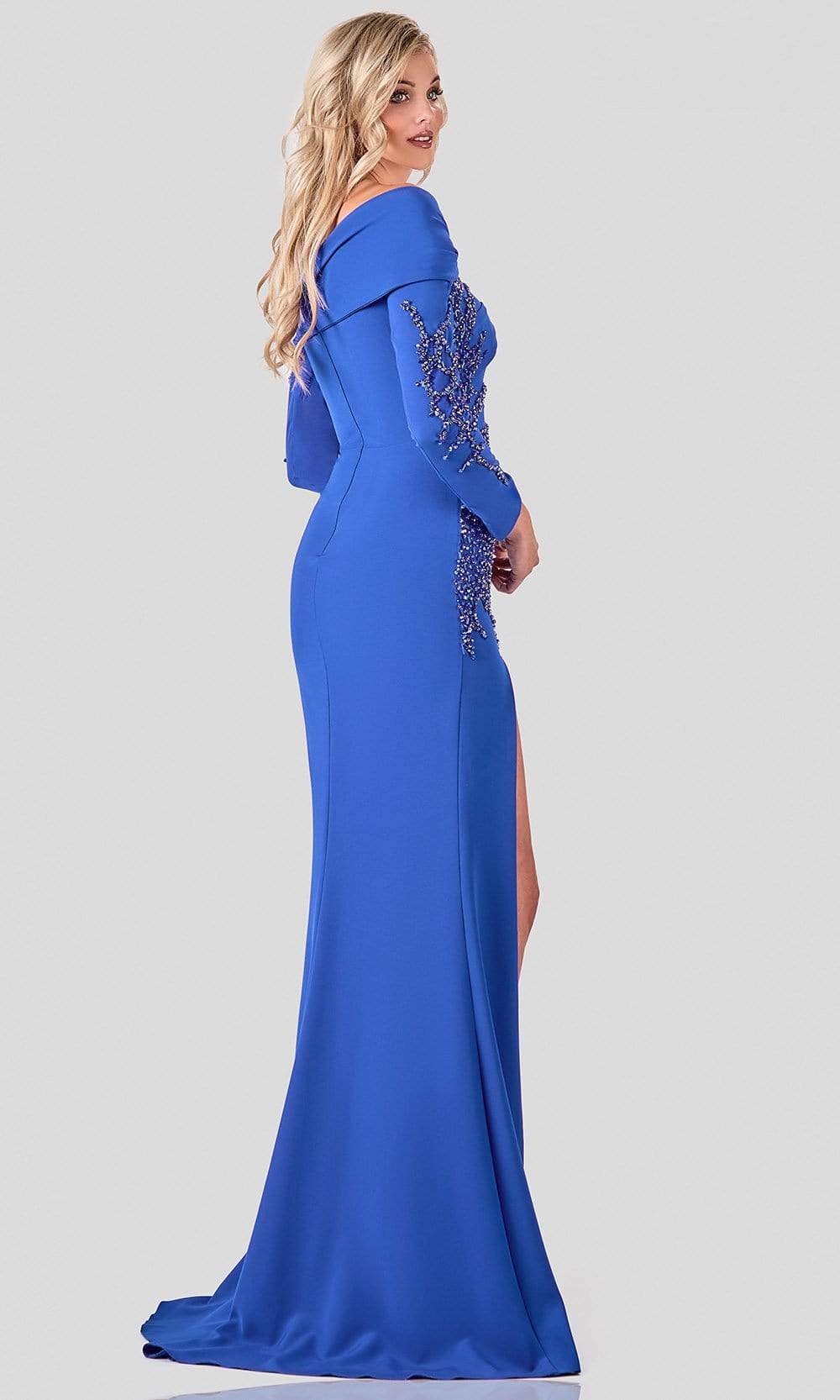 Terani Couture - 2111M5263 Beaded Long Sleeve Long Dress With Slit Evening Dresses