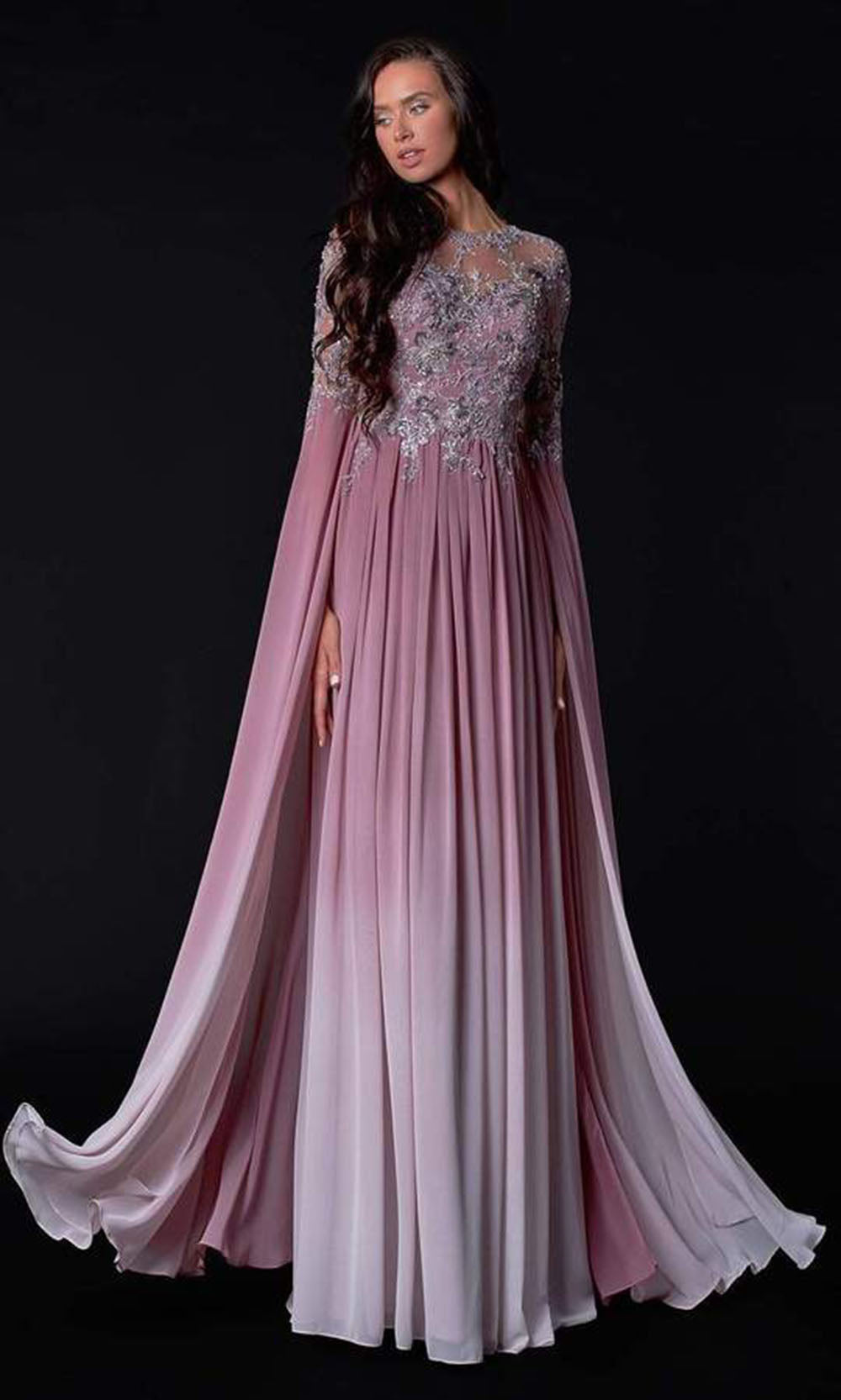 Terani Couture - 2111M5282SC Enchanting Full Sleeve Chiffon Ombre Gown In Pink