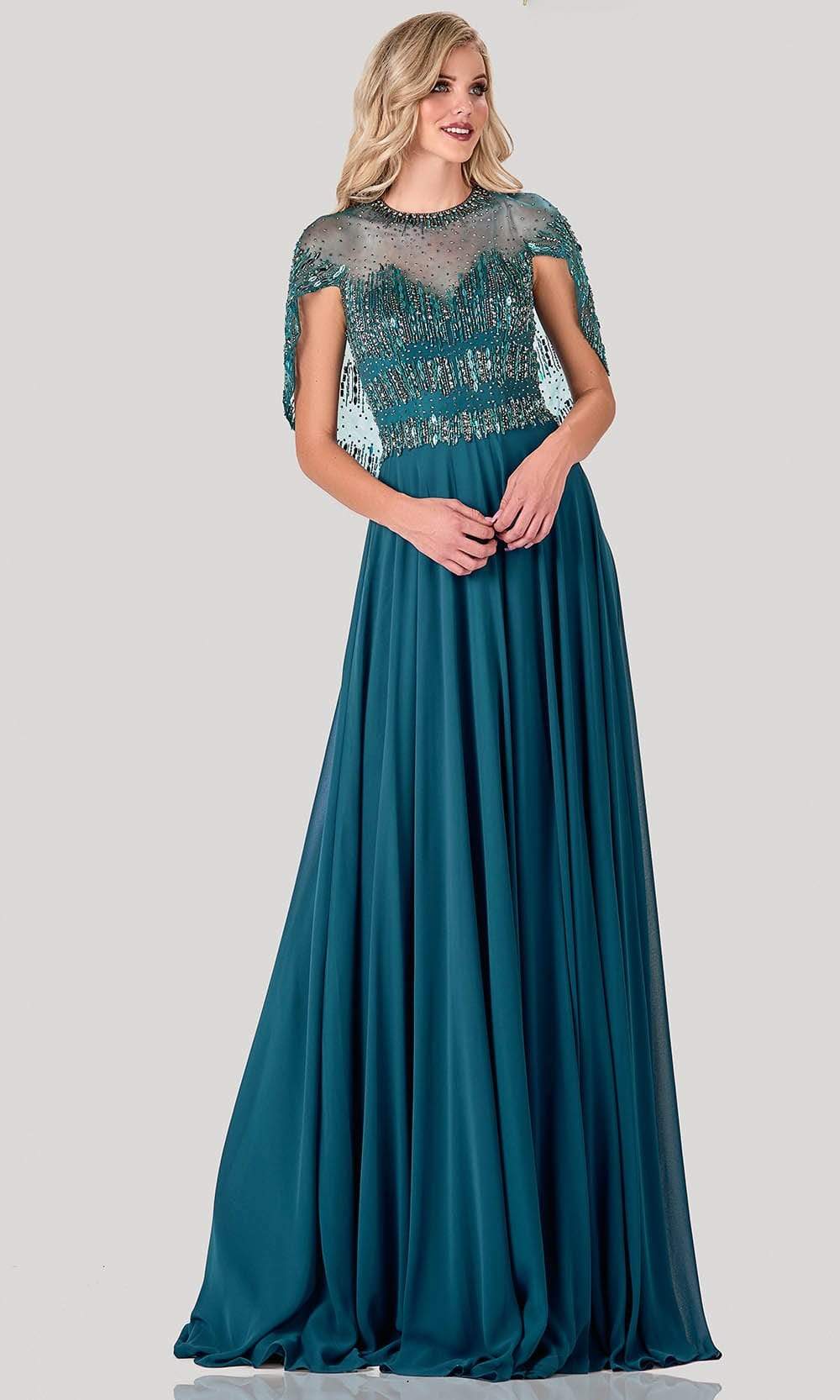 Terani Couture - 2111M5295 Embellished Jewel Neck A-line Gown Special Occasion Dress 00 / Dark Teal