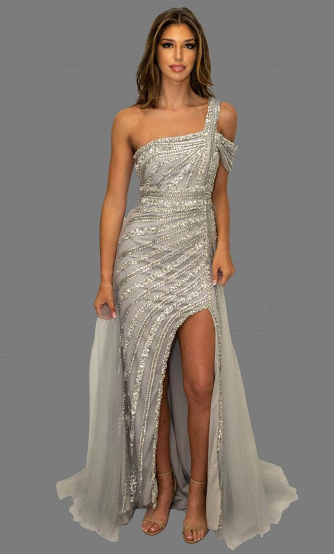 Terani Couture 231GL0376 - One-Sleeve Sequin Embellished Prom Dress Special Occasion Dress 0 / Silver