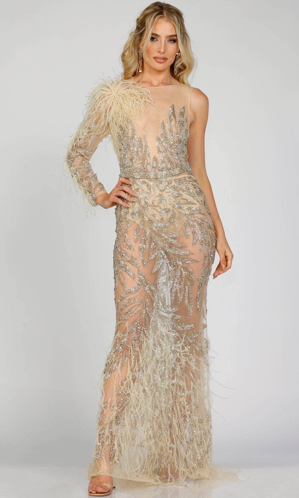 Terani Couture 231GL0439 - Feathered Illusion Evening Gown Special Occasion Dress 00 / Champagne