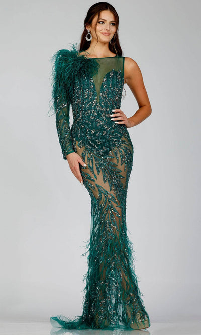 Terani Couture 231GL0439 - Feathered Illusion Evening Gown Special Occasion Dress 00 / Emerald