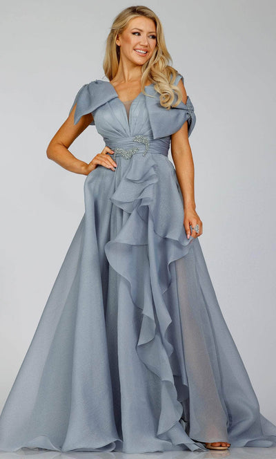 Terani Couture 231M0487 - Ruched Bodice Bow Accented A-Line Gown Special Occasion Dress 00 / Dark Gray