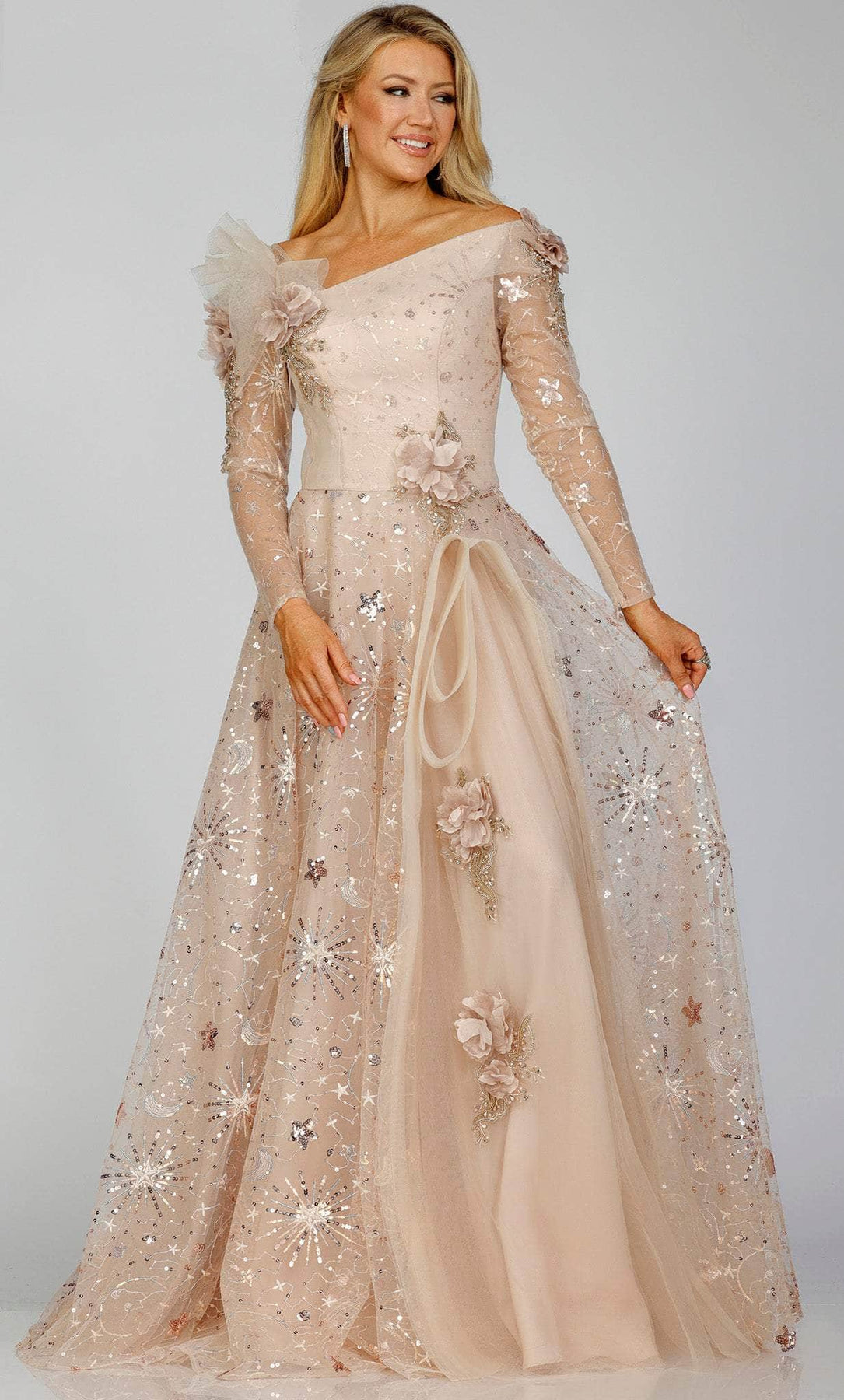 Terani Couture 231M0488 - Long Sleeve Formal Asymmetrical Gown Special Occasion Dress 0 / Champagne