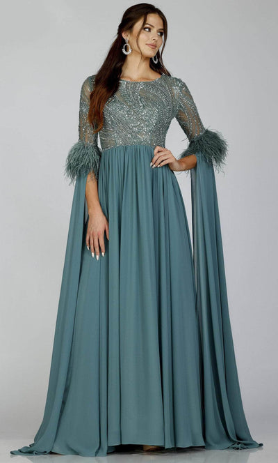 Terani Couture 231M0492 - Sequin and Feathered Chiffon Gown Special Occasion Dress 0 / Emerald