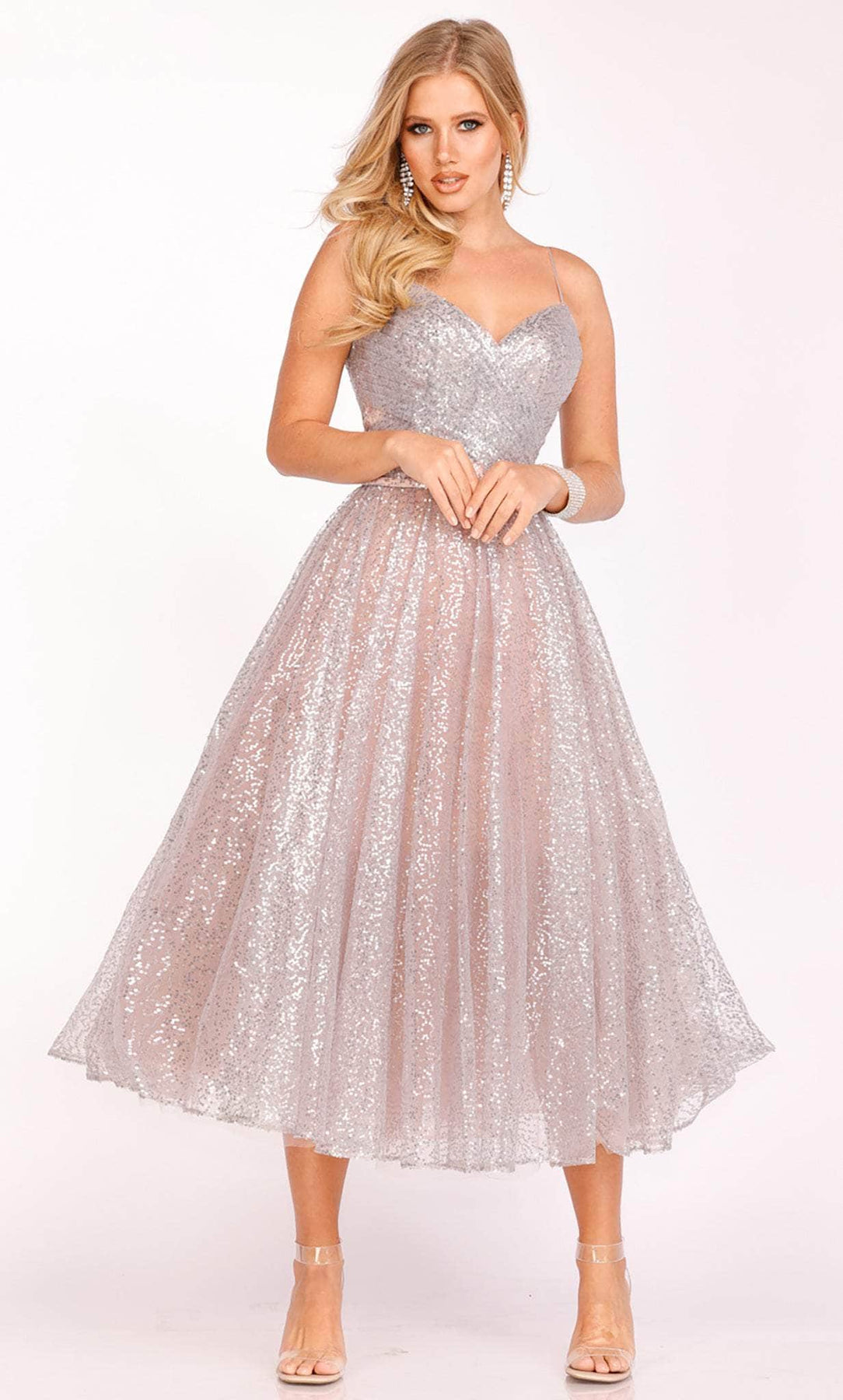 Terani Couture 231P0593 - Tea Length Sequin Cocktail Dress Special Occasion Dress 00 / Blush Silver