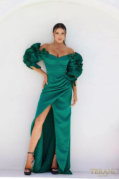 Terani Couture 232M1510 - Satin Ruffle Sleeves Evening Dress Special Occasion Dress
