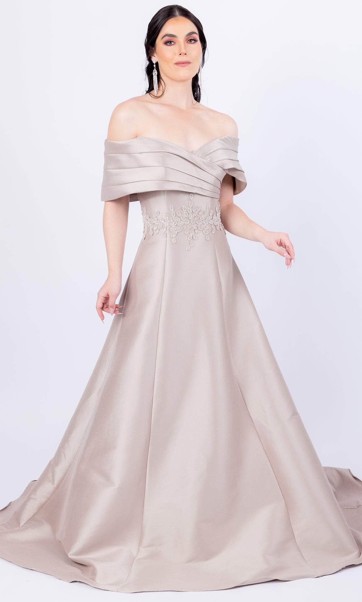 Terani Couture 232M1511 - Pleated Off Shoulder Ballgown Special Occasion Dress 00 / Taupe